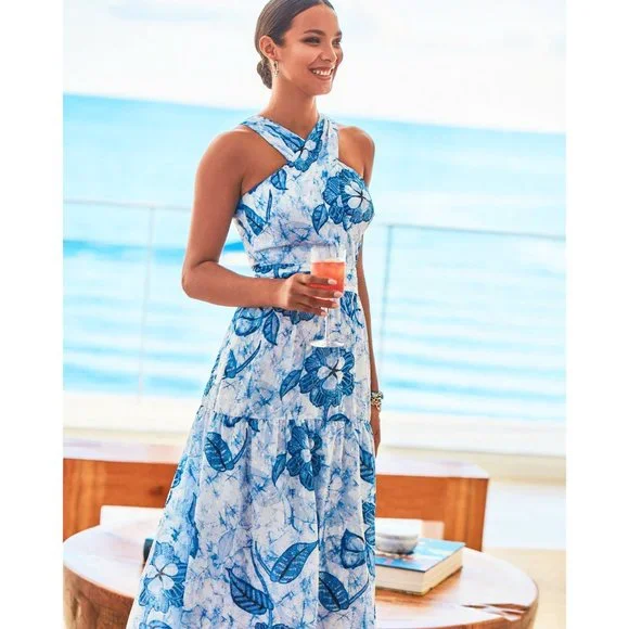 NWT WHBM Blue Floral Batik Halter Midi Dress Size 2 - Picture 5 of 9